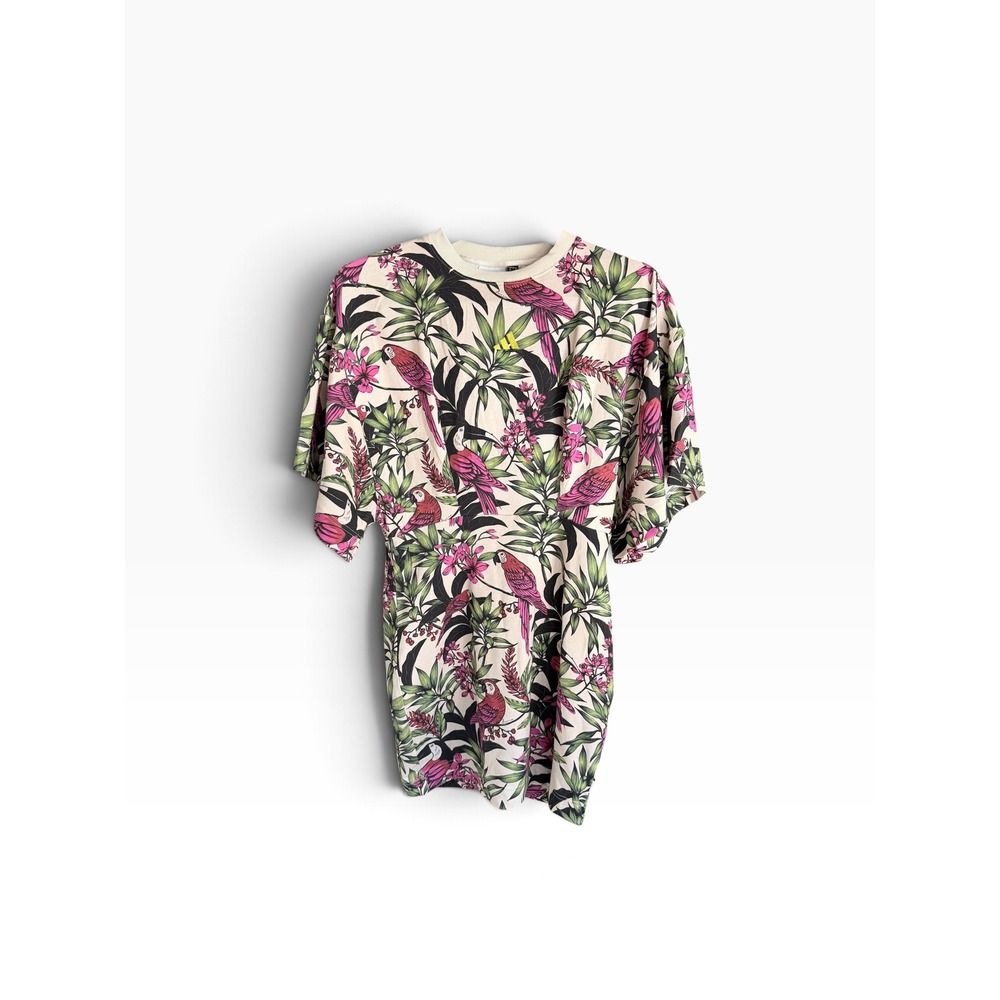 adidas Size M x FARM Rio T-Shirt Dress Tropical Parrot Bird Print Cream NWT